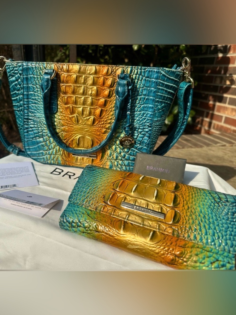 Brahmin green and Gold Crocodile Embossed Shoulder Bag
